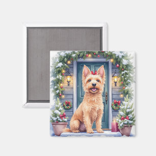 Aquarell Australian Silky Terrier verschneite Haus Magnet