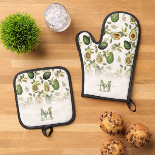 Aquarell-Avocado-Botanik-Muster mit Monogramm Ofenhandschuh & Topflappen-Set