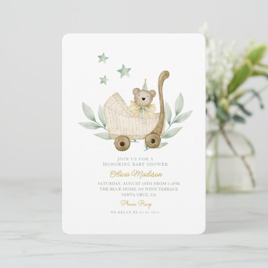 Aquarell Baby Bear Pflanze Blume Babydusche Einladung (Stehend Vorderseite)