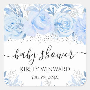 Aquarell Baby Blau Winterblumen Babyparty Quadratischer Aufkleber