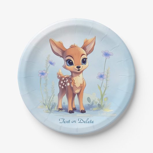 Aquarell Baby Deer Blue Flowers Papierplatte Pappteller (Vorderseite)