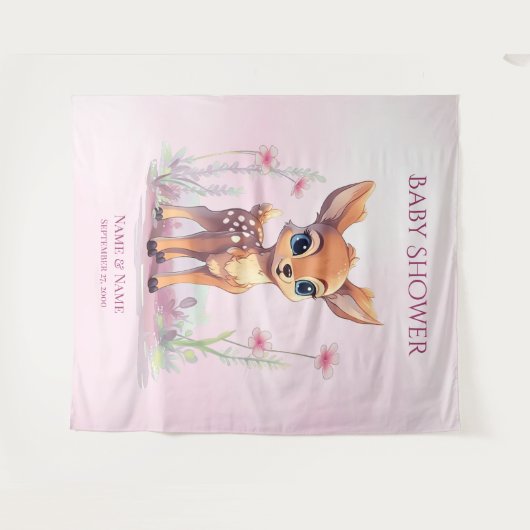 Aquarell Baby Deer Pink Blume Hintergrund Wandteppich (Vorderseite (Horizontal))