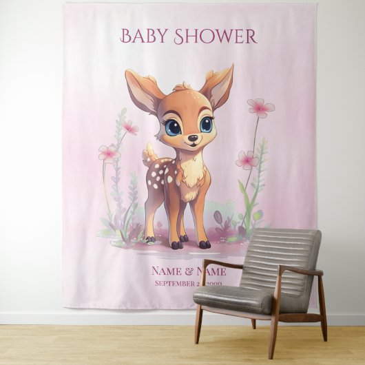 Aquarell Baby Deer Pink Blume Hintergrund Wandteppich (Beispiel)
