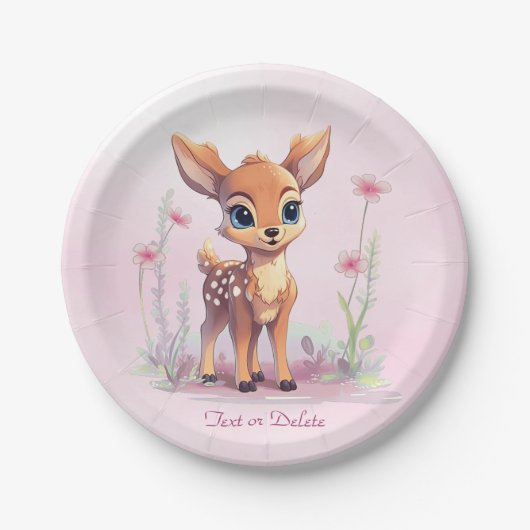 Aquarell Baby Deer Pink Blume Papierplatte Pappteller (Vorderseite)