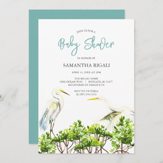 Aquarell Baby Dusche White Heron Mangroves Einladung (Vorne/Hinten)