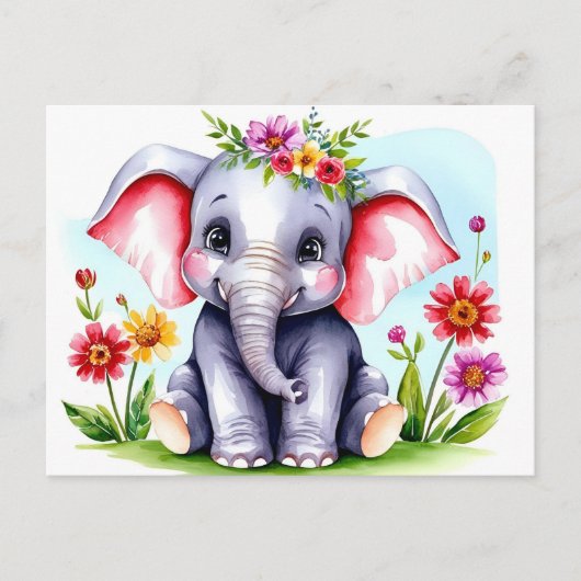 Aquarell-Baby-Elefant mit Blumen  Postkarte (Vorderseite)