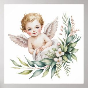Aquarell-Baby-Engel-Federflügel-Taufe Poster