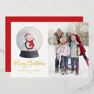 Aquarell Baby Penguin Snow Globe Frohe Weihnachten Folien Feiertagskarte
