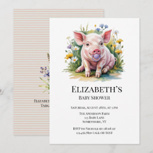 Aquarell-Baby-Schwein-Wildblumen-Baby-Party Einladung