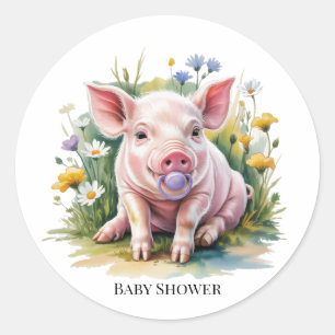Aquarell-Baby-Schwein-Wildblumen-Baby-Party Runder Aufkleber