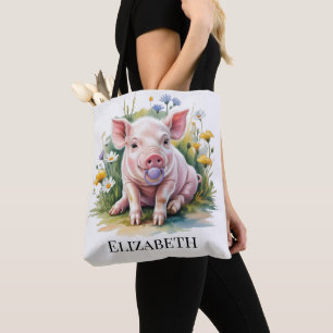 Aquarell-Baby-Schwein-Wildblumen-Baby-Shower-Gesch Tasche