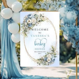 Aquarell-Baby-Shower-Schild Dusty Blue Blumen Poster
