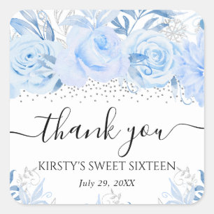 Aquarell Babyblau Winterblumen Sweet Sixteen Quadratischer Aufkleber
