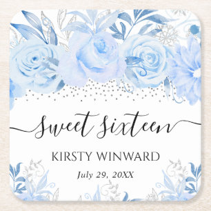 Aquarell Babyblau Winterblumen Sweet Sixteen Rechteckiger Pappuntersetzer