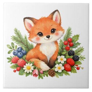Aquarell-Babyfuchs mit Beeren und Blumen  Fliese