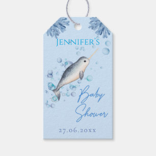 Aquarell-Babyjunge Narwal & Blasen Baby Shower Geschenkanhänger