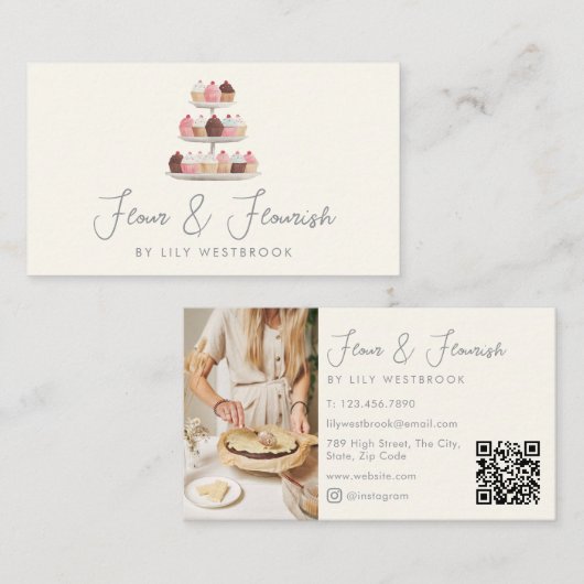 Aquarell-Bäckerei-Cupcakes-Script-Photo-QR-Code Visitenkarte (Vorne/Hinten)