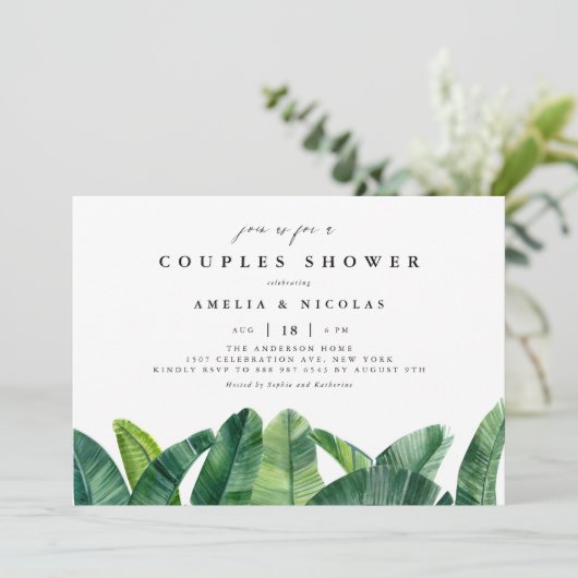 Aquarell Banana Palm Blätter Paare Dusche Einladung (Stehend Vorderseite)