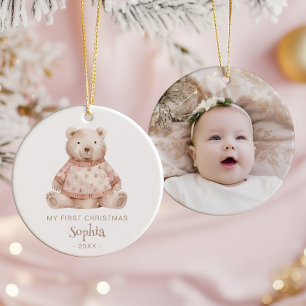 Aquarell-Bär Baby's 1. Weihnachtsfoto Keramik Ornament