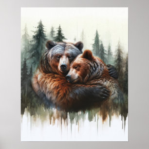 Aquarell-Bären-Bäume-Rustikale-Wilderness-Wandkuns Poster