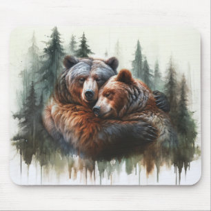 Aquarell-Bären & Bäume rustikale Wildnis Mousepad