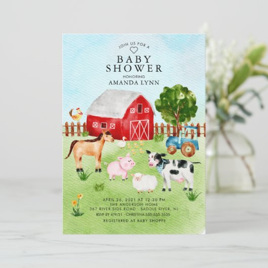 Aquarell Barnyard Animals Kinderdusche Einladung (Stehend Vorderseite)