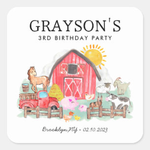 Aquarell Barnyard Tiere Kinder Farm Geburtstag Quadratischer Aufkleber