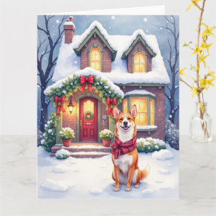 Aquarell Basenji Townhouse Weihnachtsfeier Karte