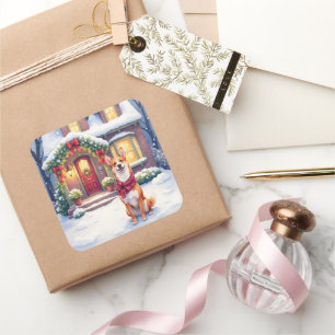 Aquarell Basenji Townhouse Weihnachtsfeier Quadratischer Aufkleber