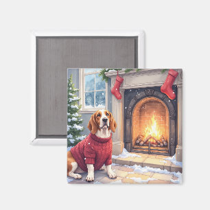 Aquarell Basset Hound Gemütlicher Kamin Weihnachte Magnet