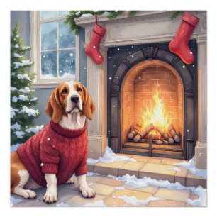 Aquarell Basset Hound Gemütlicher Kamin Weihnachte Poster