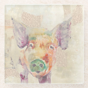 Aquarell-Bauernhof-Collagen-Schwein Glasuntersetzer