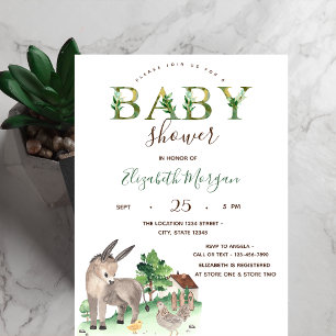 Aquarell-Bauernhoftiere Esel Baby Shower Einladung