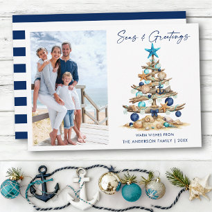 Aquarell-Baum-Meeres- und Gruß-Foto-Gestreift Feiertagskarte