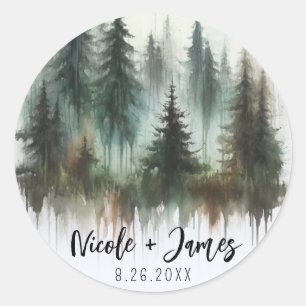 Aquarell Bäume Rustikale Wildnis Hochzeit Runder Aufkleber