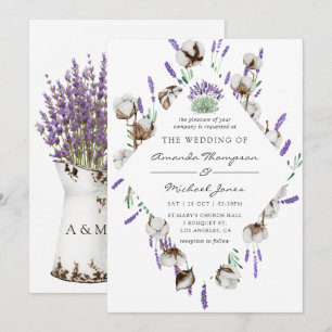 Aquarell-Baumwolle-Lavendel-Landhochzeit Einladung