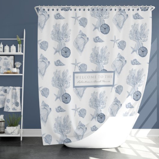 Aquarell Beach Corean Starfish Blau in Weiß Duschvorhang