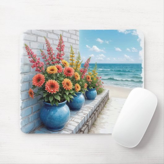 Aquarell Beach Dahlias in Blue Pools Mousepad (Mit Mouse)