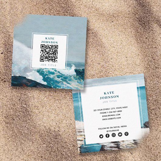 Aquarell Beach Ocean QR Code Social Media Quadratische Visitenkarte
