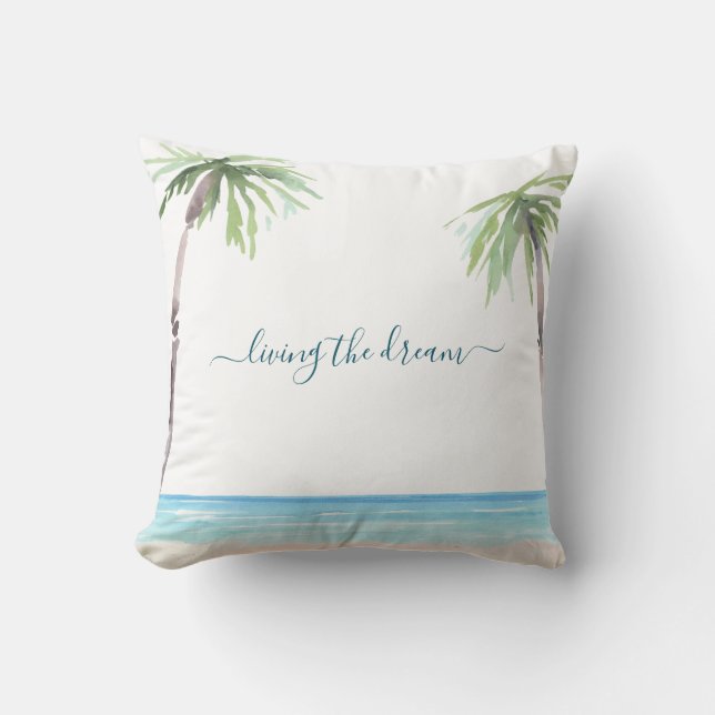 Aquarell Beach Palm Living the Dream Monogram Kissen (Vorderseite)