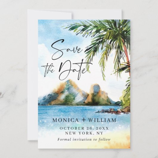Aquarell Beach Palm Tree Save The Date (Vorderseite)