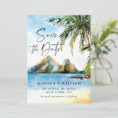 Aquarell Beach Palm Tree Save The Date (Stehend Vorderseite)