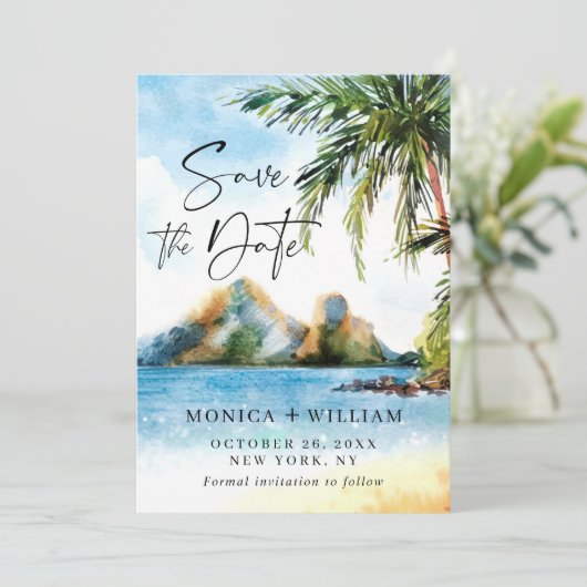 Aquarell Beach Palm Tree Save The Date (Stehend Vorderseite)