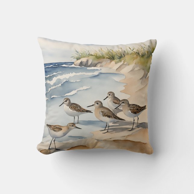 Aquarell Beach Scene Sandpipers Sea Birds Kissen (Vorderseite)