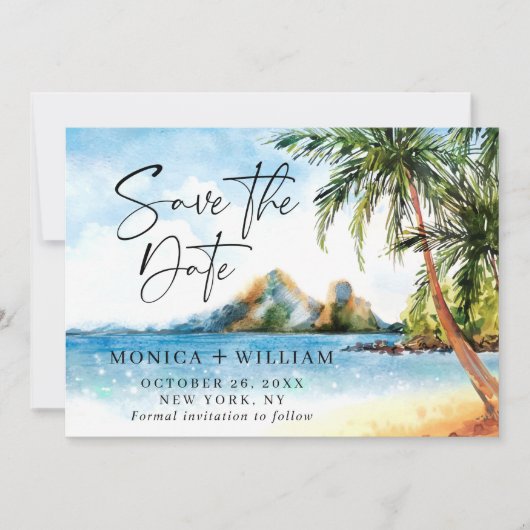 Aquarell Beach Sea Palm Tree Save the Date (Vorderseite)