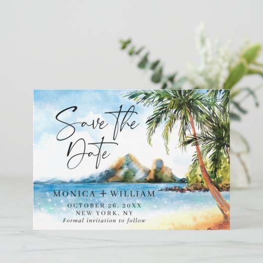 Aquarell Beach Sea Palm Tree Save the Date (Stehend Vorderseite)