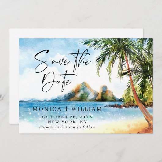 Aquarell Beach Sea Palm Tree Save the Date (Vorne/Hinten)