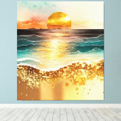 Aquarell Beach Sonnenuntergangsbilder mit Goldakze Leinwanddruck (Insitu (Holzboden))