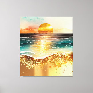 Aquarell Beach Sonnenuntergangsbilder mit Goldakze Leinwanddruck