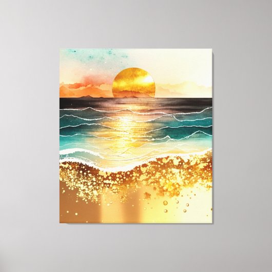 Aquarell Beach Sonnenuntergangsbilder mit Goldakze Leinwanddruck (Vorderseite)